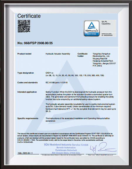 Actionneurs &eacute;lectro-hydrauliques --- Certificat T&Uuml;V-Rheinland-SIL.
